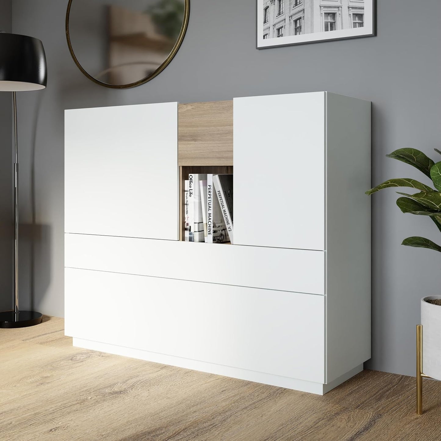 Sideboard mit 1 Tur, Klappe und Schublade aus Holzwerkstoff in Secret Grey und Valencia-Eiche, 119,7 ¡Á 111,2 ¡Á 41 cm