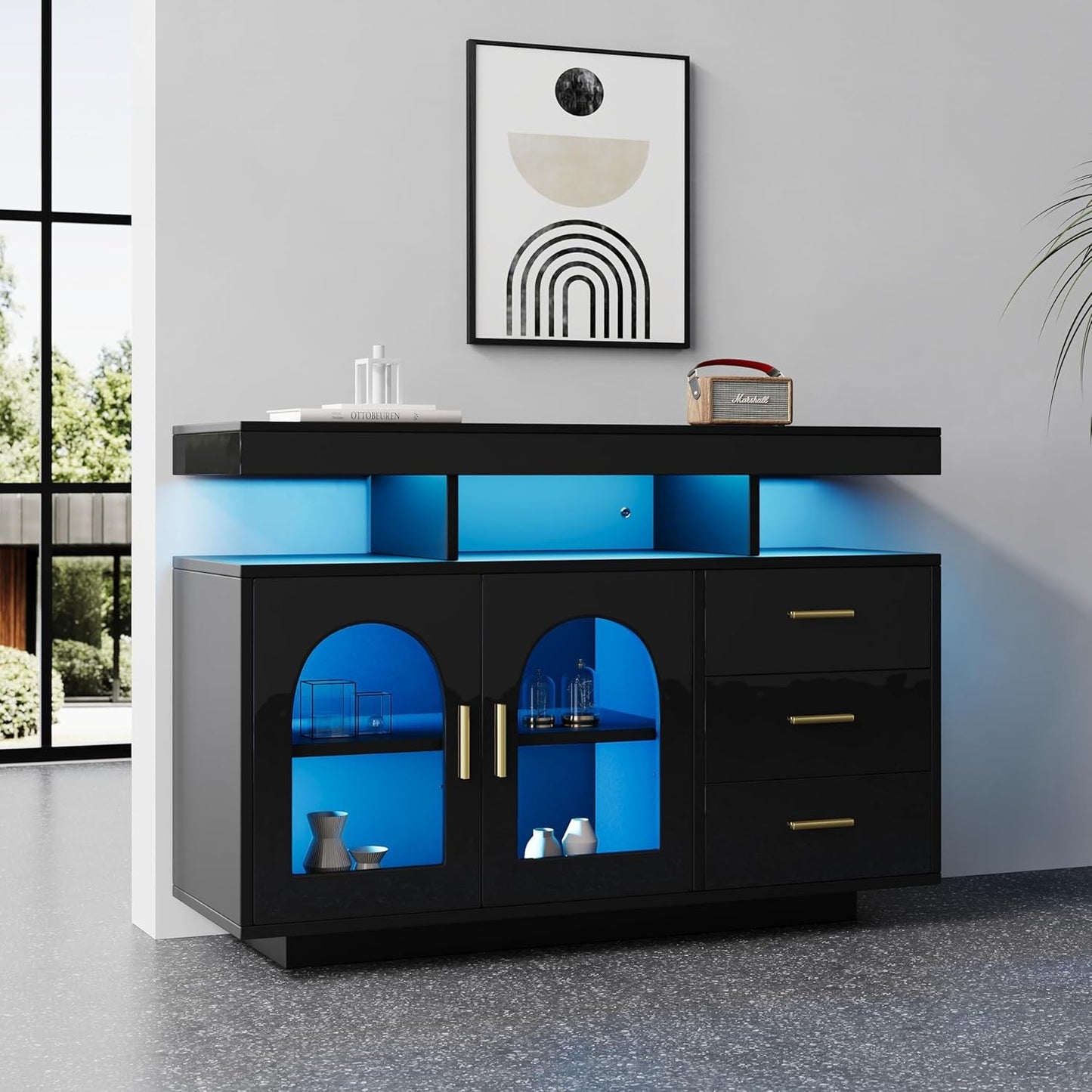 Sideboard mit LED-Beleuchtung, 2 Turen und 3 Schubladen in Hochglanz Schwarz