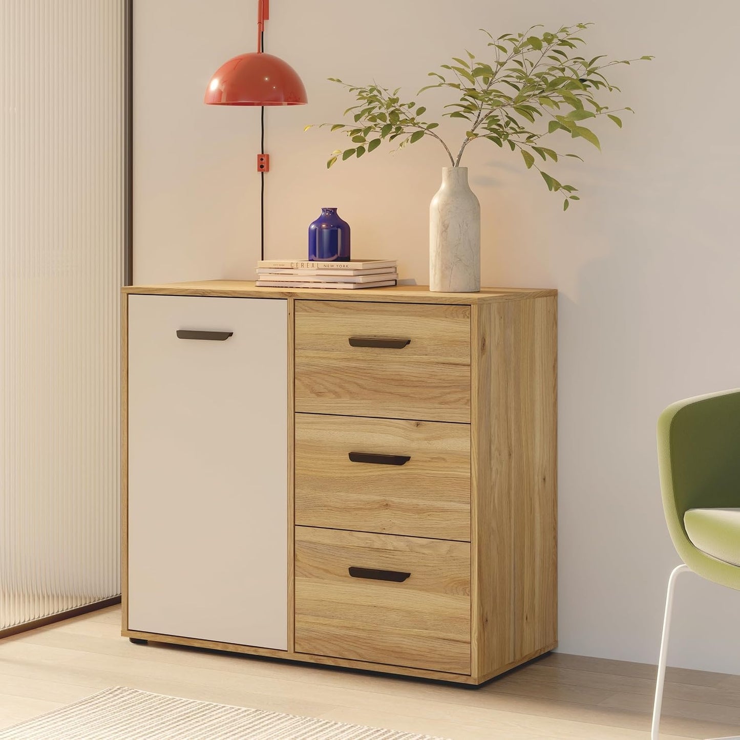 Kommode mit 3 Schubladen und 1 Tur aus Holzwerkstoff in Mauvella-Eiche und Kaschmirbeige, 94,7 ¡Á 84,9 ¡Á 42 cm