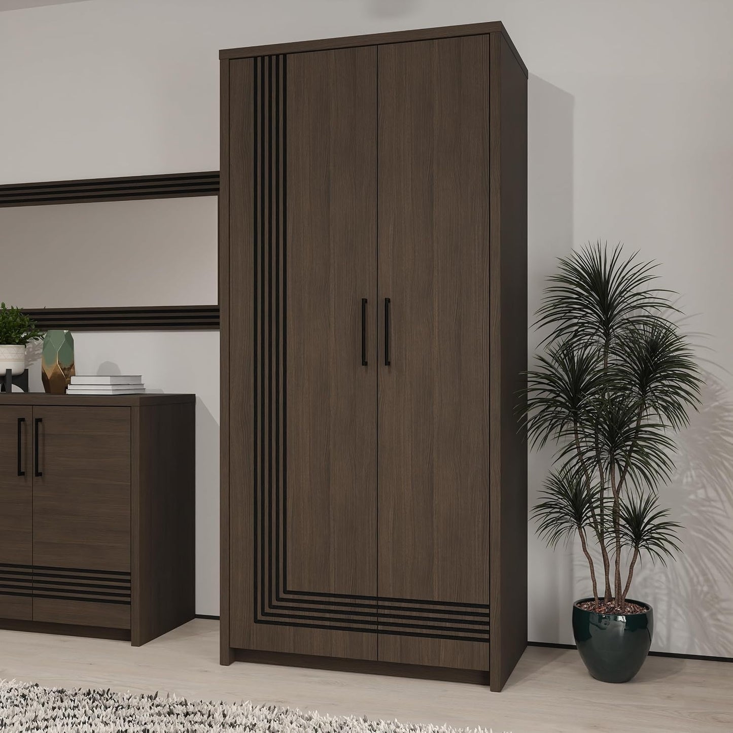 Kleiderschrank mit Frasfront aus Holzwerkstoff in Dunkelbraun und Schwarzer Eiche, 91,5 ¡Á 198,3 ¡Á 52,7 cm