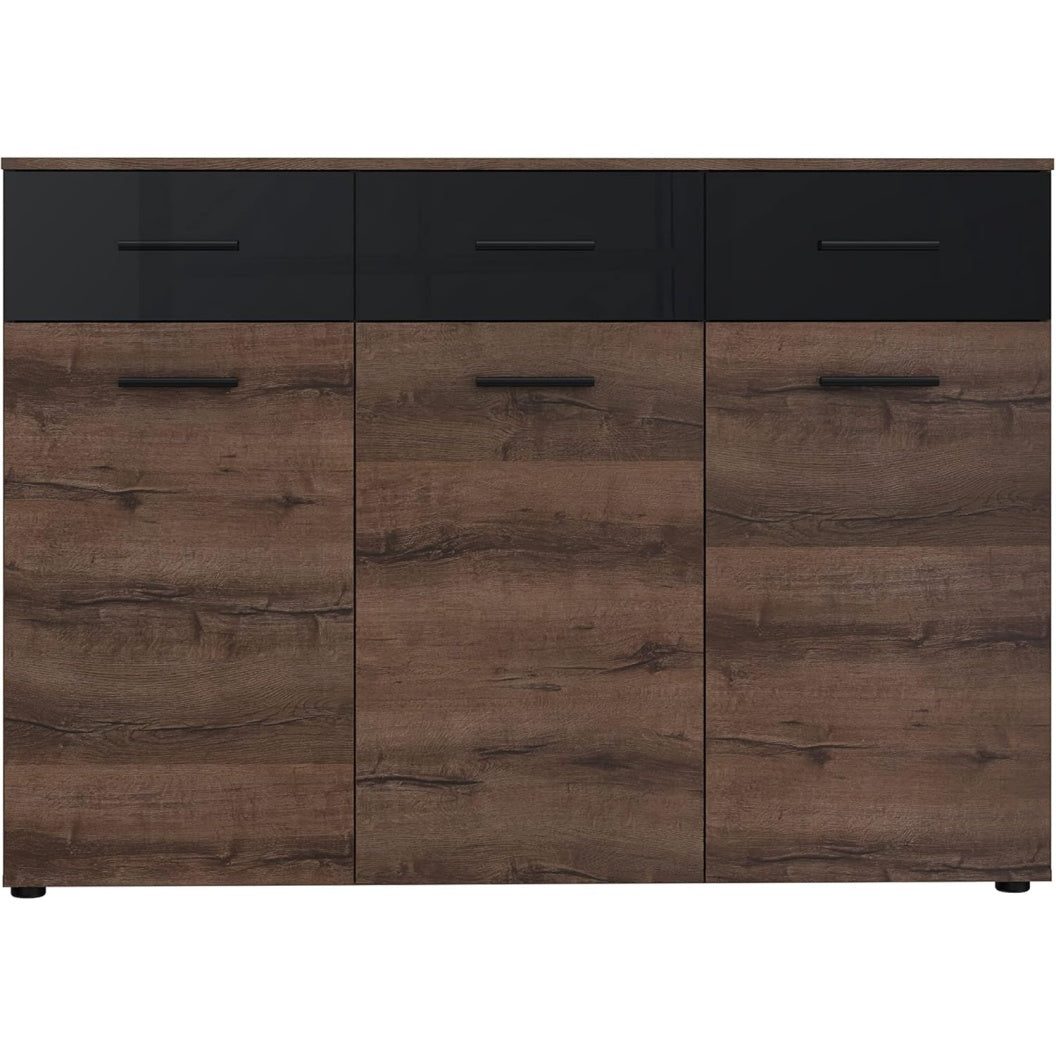 Kommode mit 3 Turen und 3 Schubladen aus Holzwerkstoff in Schlammeiche und Schwarz Hochglanz, 134,5 ¡Á 93,5 ¡Á 44 cm