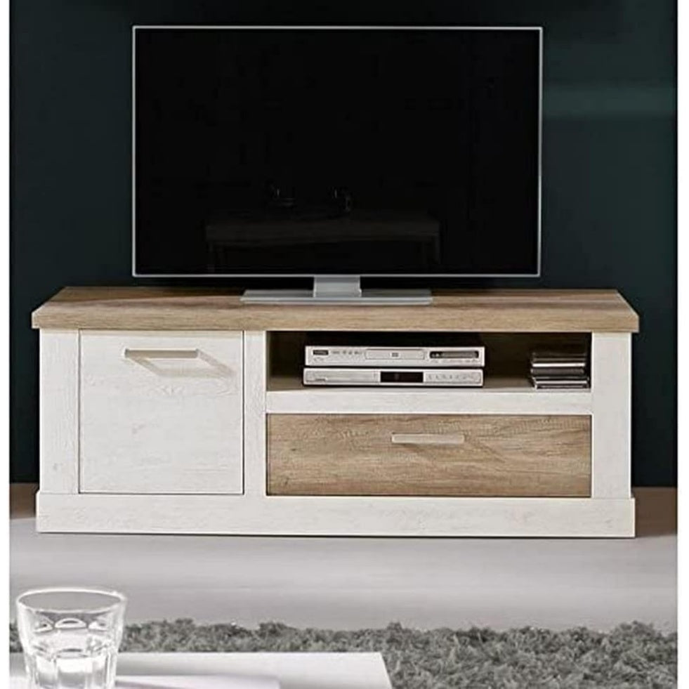 TV-Unterschrank mit 1 Tur und 1 Schublade aus Holzwerkstoff in Weisser Pinie und Antik-Eiche, 139,6 ¡Á 52 ¡Á 52 cm