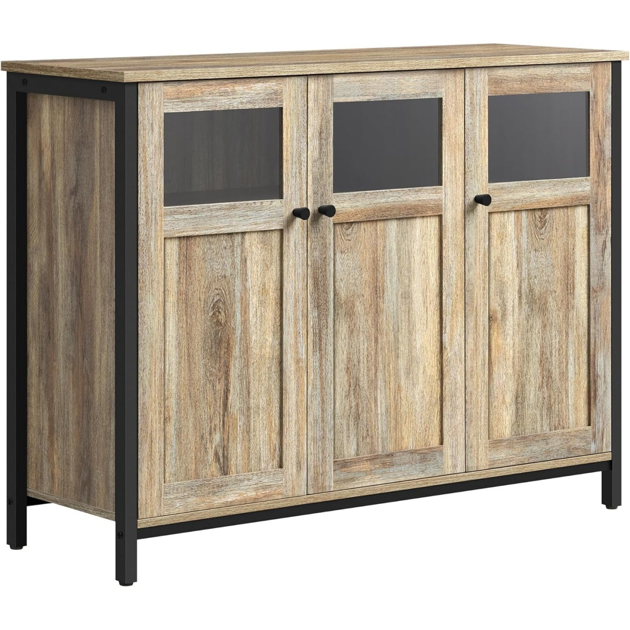 Sideboard mit Glasturen und Metallgestell fur Wohnzimmer, Kuche oder Esszimmer, Turkisbraun und Tintenschwarz