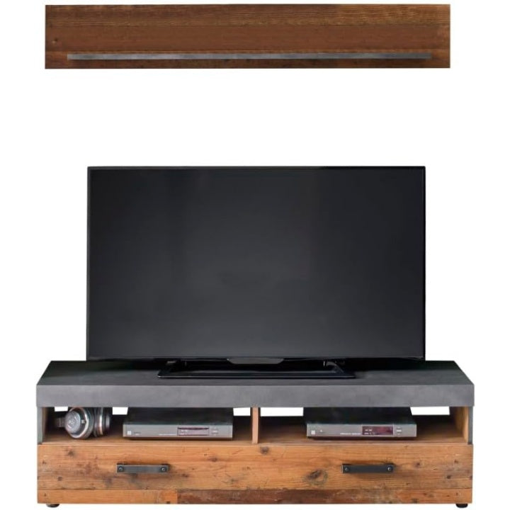 Wohnwand mit TV-Lowboard und Wandregal in Grau und Eichenoptik