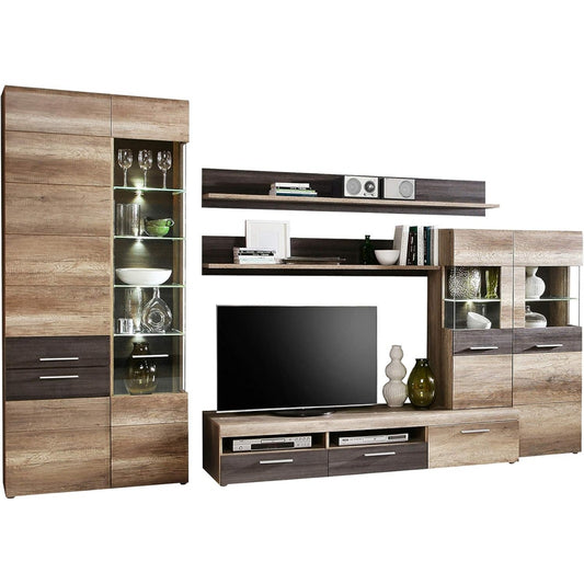 Wohnwand mit 6 Turen und 2 Schubladen aus Holzwerkstoff in Antik-Eiche und Touchwood, 349 ¡Á 207 ¡Á 52 cm