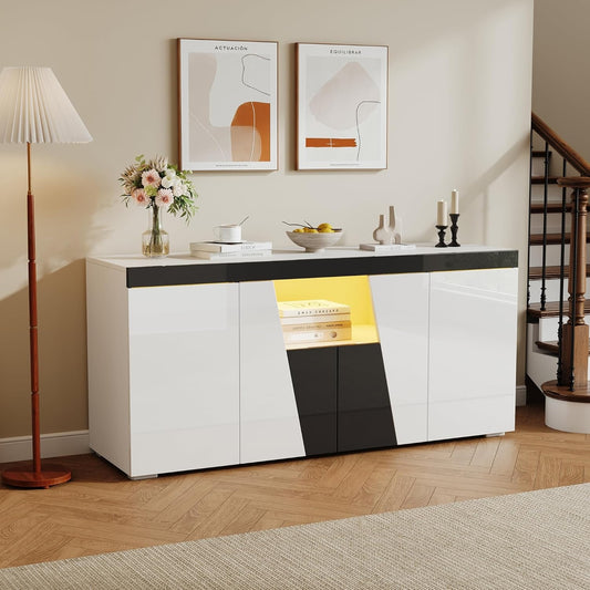 Sideboard in Hochglanz Weiss mit LED-Beleuchtung, 3 Turen und verstellbarem Einlegeboden