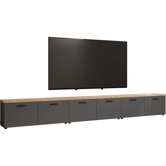 Wohnwand mit 3 TV-Lowboards in Grau und Eiche, 360 ¡Á 50 ¡Á 40 cm