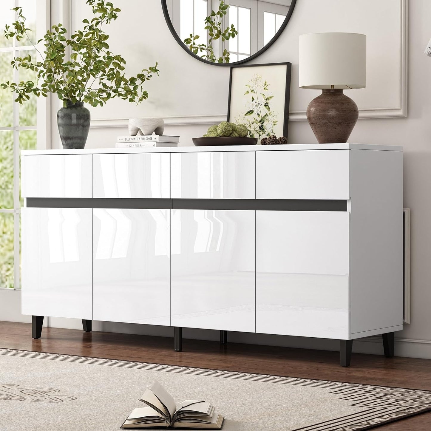 Sideboard mit 4 Turen, 4 Schubladen und verstellbarem Einlegeboden in Hochglanz, 160 cm