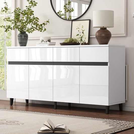 Sideboard mit 4 Turen, 4 Schubladen und verstellbarem Einlegeboden in Hochglanz, 160 cm