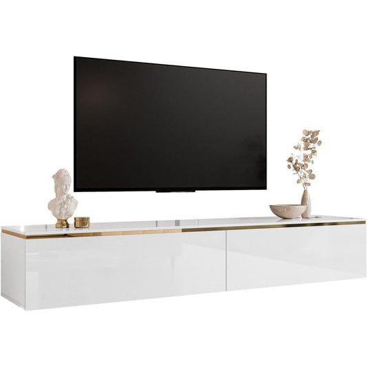 Hangendes TV-Lowboard in Hochglanz-Weiss mit goldfarbenen Details, 180 cm