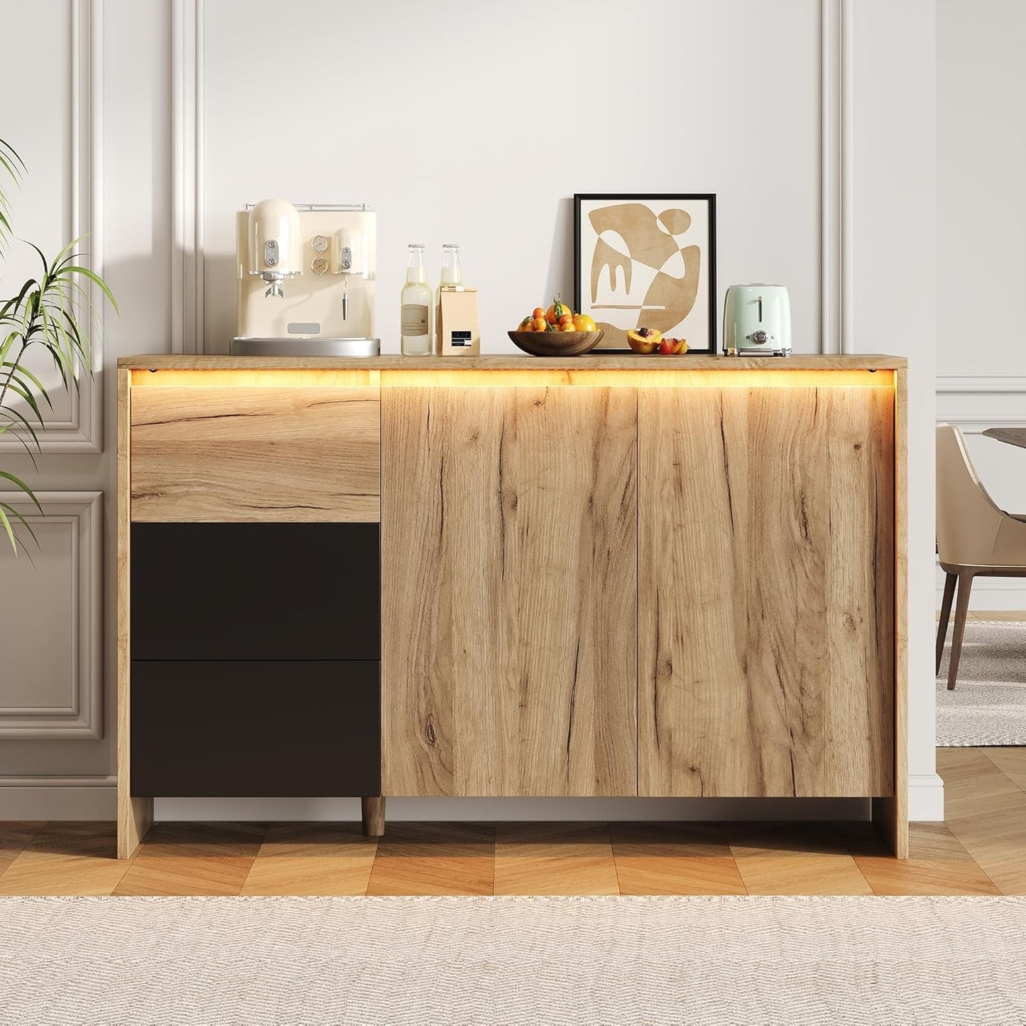 Sideboard mit 2 Turen, 3 Schubladen, LED-Beleuchtung und Kippsicherung, 120 ¡Á 76 ¡Á 40 cm