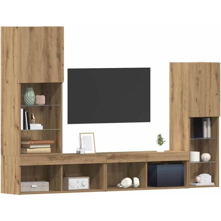 4-teiliges TV-Wandmobel-Set mit LED-Beleuchtung in Artisan-Eiche