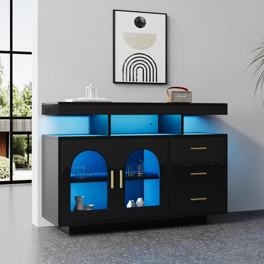 Sideboard mit LED-Beleuchtung, 2 Turen und 3 Schubladen in Hochglanz Schwarz