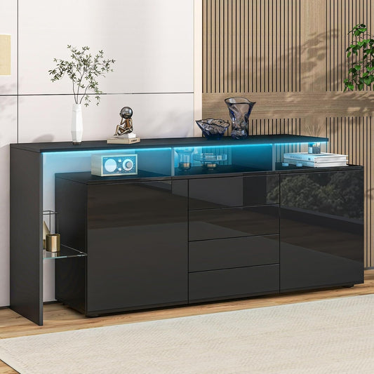 Sideboard in Hochglanz Schwarz mit LED-Beleuchtung, 2 Turen und 4 Schubladen