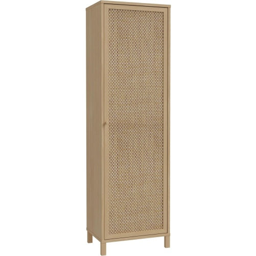 Schmaler Mehrzweckschrank im Boho-Stil mit 1 Tur aus Holzwerkstoff in Elegancia-Eiche und Technorattan, 59,8 ¡Á 200,9 ¡Á 42 cm