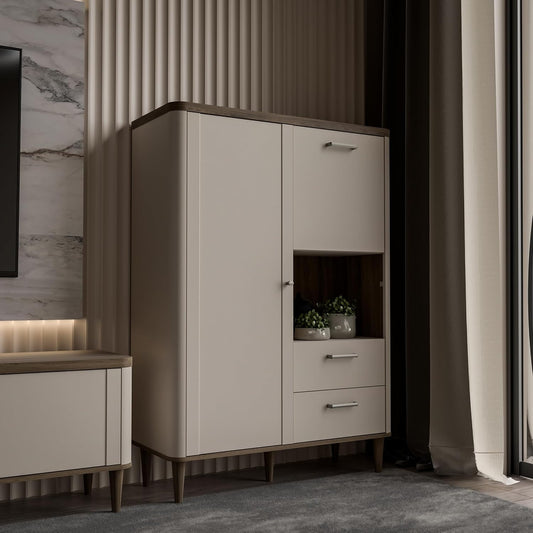 Highboard mit Tur, Klappe und 2 Schubladen aus Holzwerkstoff in Kaschmirbeige und Valencia-Eiche, 100,1 ¡Á 142,9 ¡Á 41,2 cm