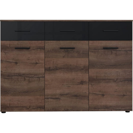 Kommode mit 3 Turen und 3 Schubladen aus Holzwerkstoff in Schlammeiche und Schwarz Hochglanz, 134,5 ¡Á 93,5 ¡Á 44 cm