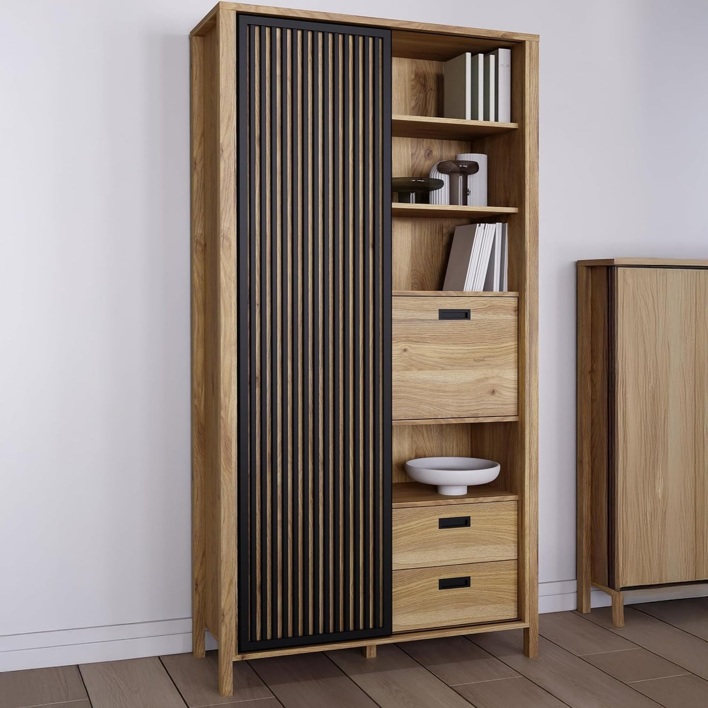 Schrank mit 3 Schubladen, 2 Turen und 3 Regalfachern, Eiche und Schwarz, 103,4 ¡Á 200,3 ¡Á 40,2 cm