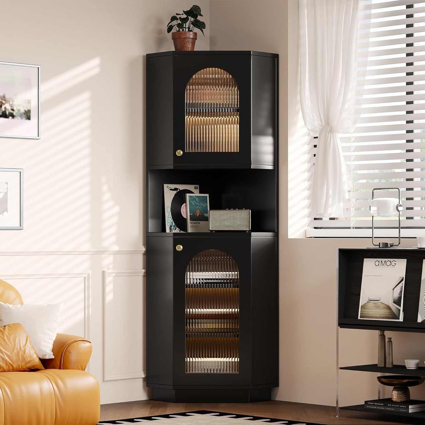 Eckschrank mit LED-Beleuchtung, verstellbaren Einlegeboden und offenem Regal, 45 ¡Á 45 ¡Á 166,5 cm
