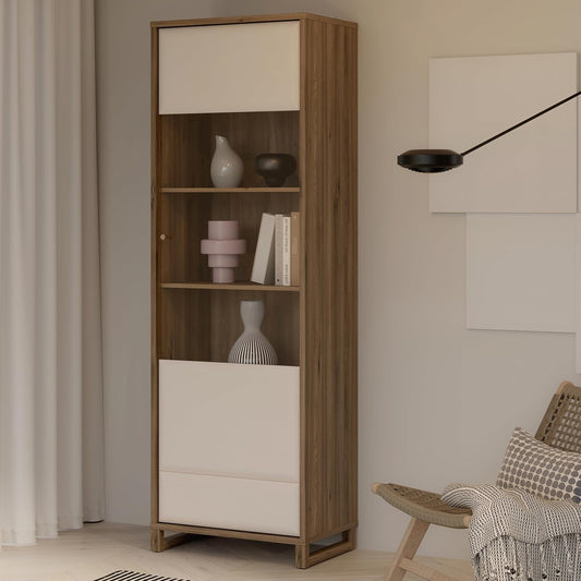 Schmale Vitrine mit Glastur aus Holzwerkstoff in Kaschmirbeige, Valencia-Eiche und Sand, 64,8 ¡Á 195,7 ¡Á 41,9 cm