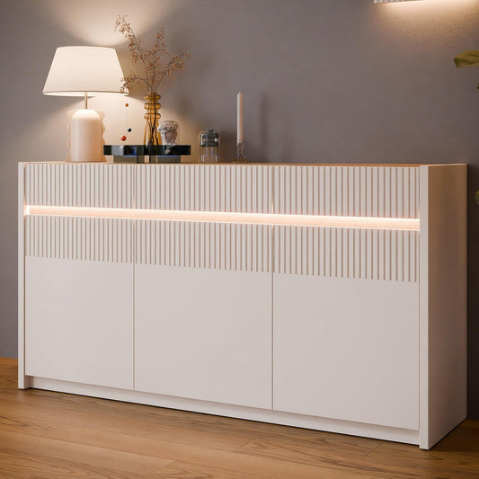 Sideboard mit 3 Turen, Beleuchtung und Lamellendesign aus Holzwerkstoff in Mauvella-Eiche und Sand, 160 ¡Á 85,9 ¡Á 41,5 cm