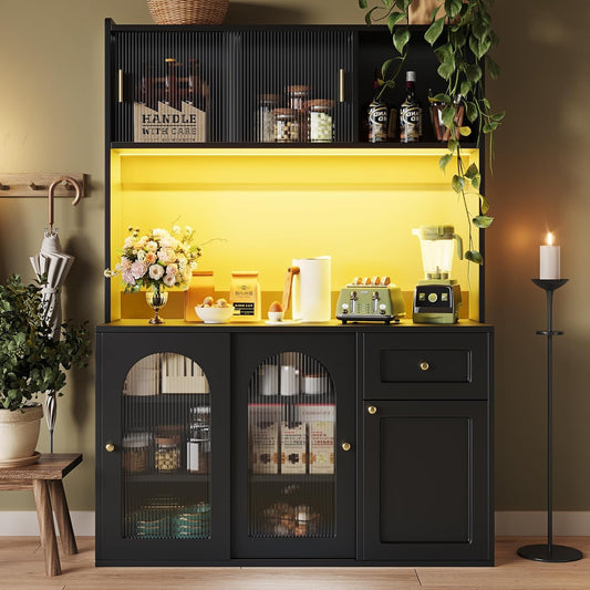 Kuchenschrank mit Arbeitsplatte, LED-Beleuchtung, Schubladen und Glasturen, Schwarz, 120 cm