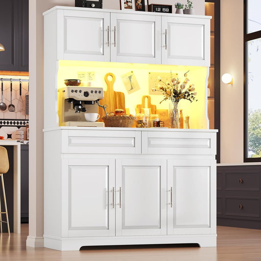 Kuchen-Hochschrank mit Arbeitsplatte, LED-Beleuchtung, Ladestation, 4 Schranken und 2 Schubladen, 180 cm