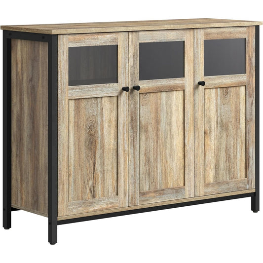 Sideboard mit Glasturen und Metallgestell fur Wohnzimmer, Kuche oder Esszimmer, Turkisbraun und Tintenschwarz